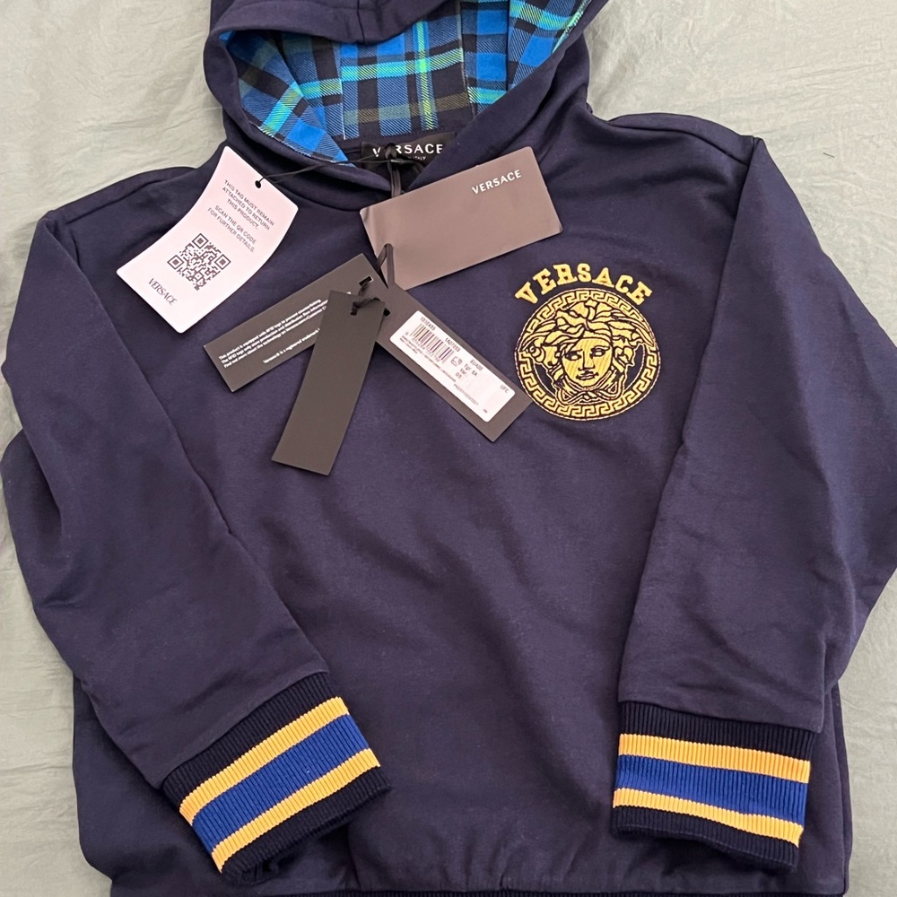 Versace Blue and Yellow Jacket with Plaid Hood